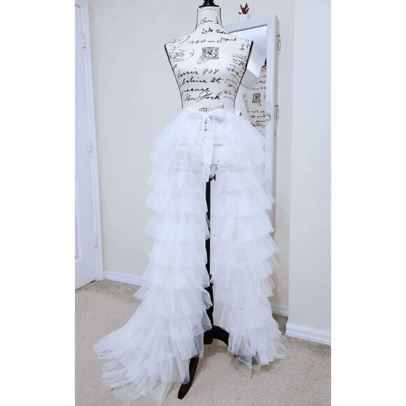 🤍 NEW Bridal Wedding Layered Tulle Mesh Petticoat Train Wrap Hi-Lo Open Skirt - Picture 3 of 16